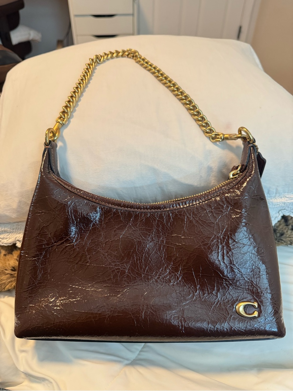 Coach Juliet  Glossy Patent Shoulder Bag in Dark Brown with Gold Chain